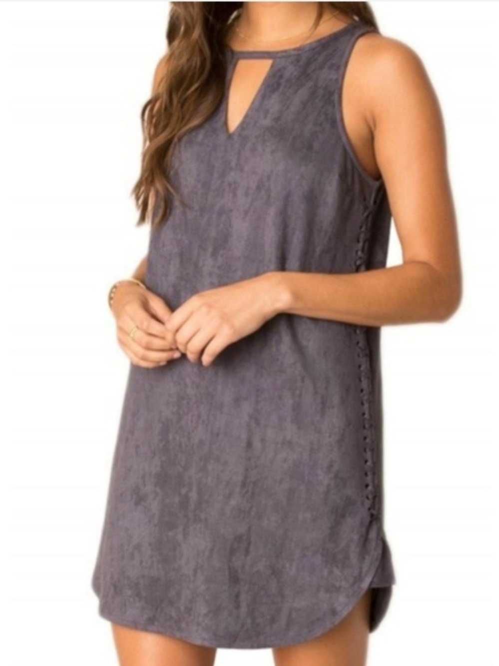 V-Neck Keyhole Sleeveless Faux Suede Dress
